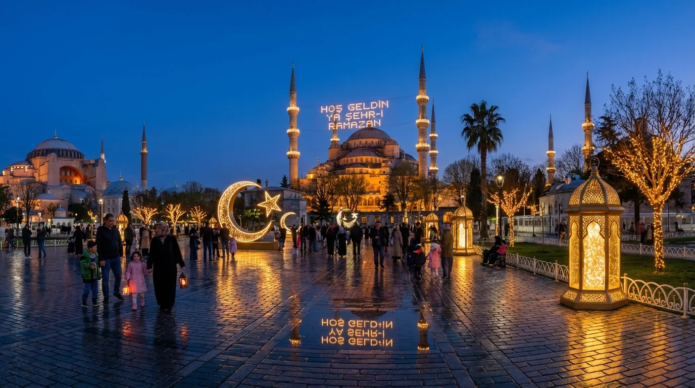 Ramazan süsleme ve mahya hissiyatlı cadde ışığı